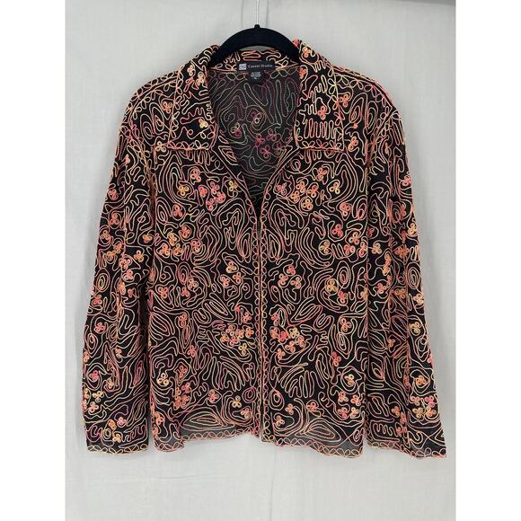 Y2K Vintage Jacket Womens XL Black Mesh Pink Yellow Abstract Zip Sheer Stretch - Picture 5 of 7